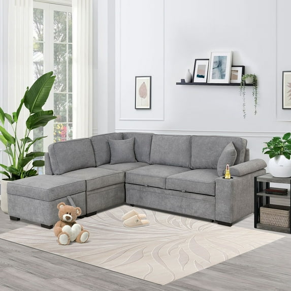 87" W Sectional Sleeper Couch with Storage, 2 in 1 Pull-Out Sofa Bed with Storage Ottoman, L-Shape Linen Corner Sofa & Couches with Chaise for Living Room Small Apartment