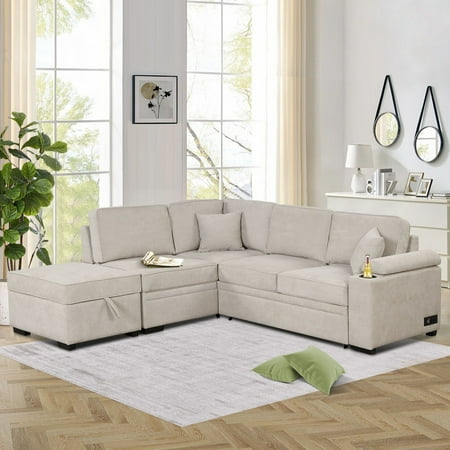 87" W Sectional Sleeper Couch with Storage, 2 in 1 Pull-Out Sofa Bed with Storage Ottoman, L-Shape Linen Corner Sofa & Couches with Chaise for Living Room Small Apartment