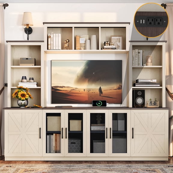 87'' Wall Unit Entertainment Center with Charging Station and USB Charging for TVs,TV Stand with Large Storage Cabinet, Modern Media Console with Cabinets, Beige