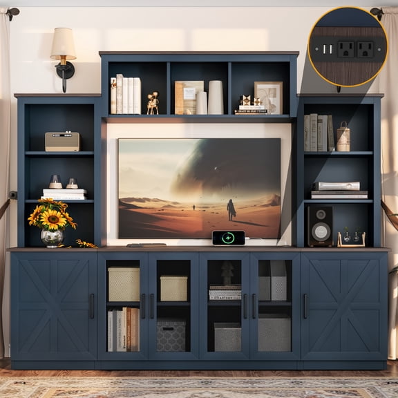 87'' Wall Unit Entertainment Center with Charging Station and USB Charging for TVs,TV Stand with Large Storage Cabinet, Modern Media Console with Cabinets, Blue