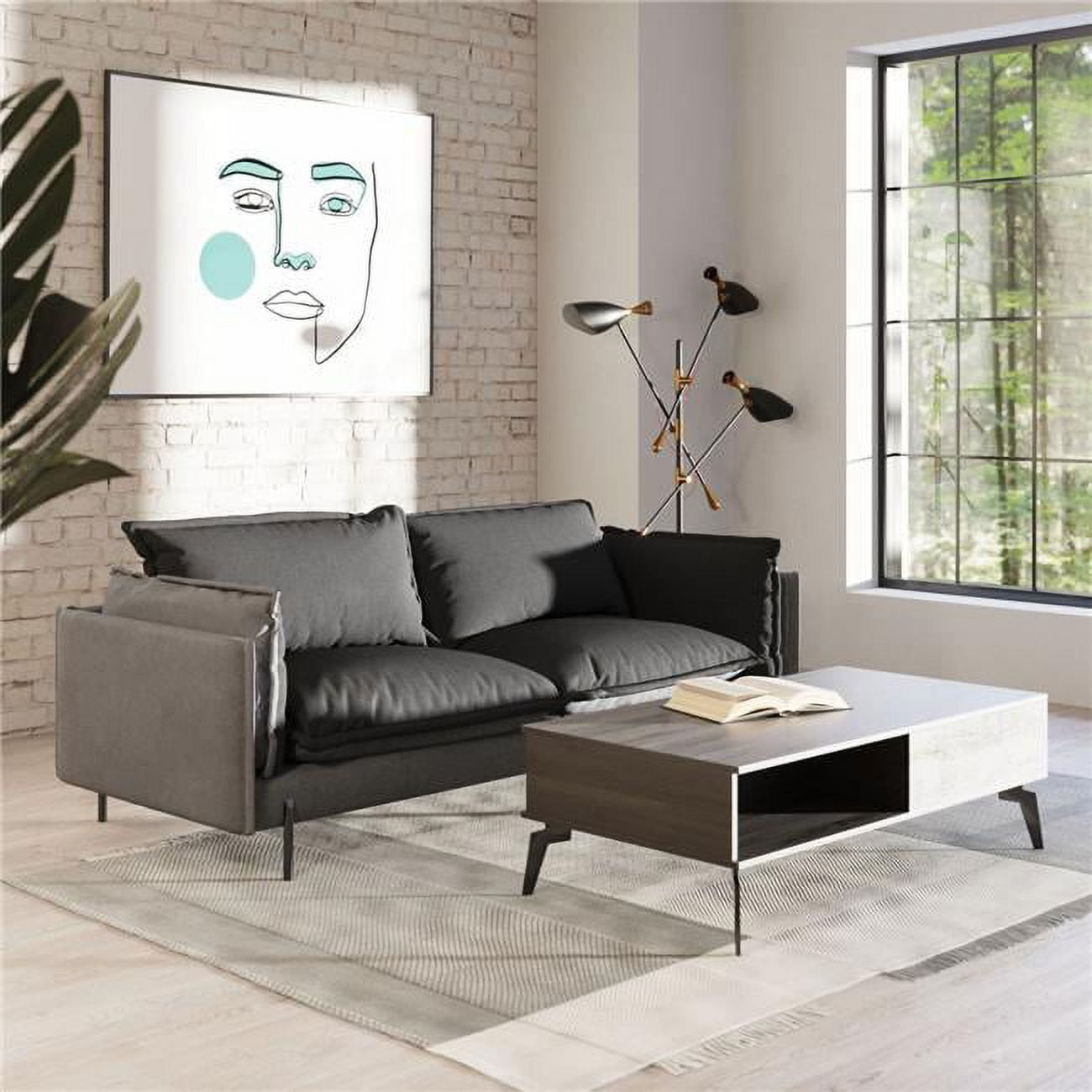 87" Gray Linen Chesterfield Sofa with Rolled Arms