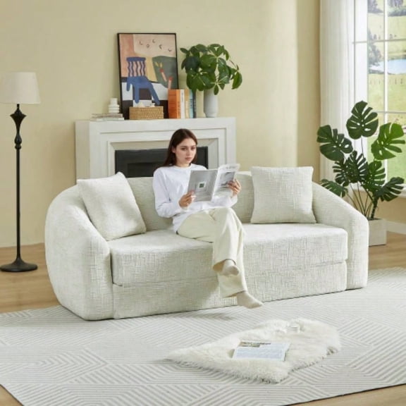 87 - inch Curved Convertible Sofa Recliner, 2 - in - 1 Fold - Out Sofa Bed, with Pull - Out Base and Deep Design, Includes Two Pillows, Chenille Two - Seater Recliner, No Assembly Required, Beige