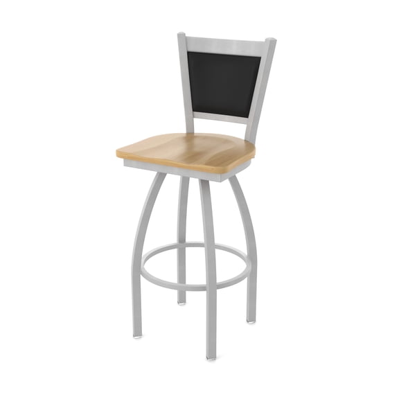 870 Hadleigh 25" Swivel Counter Stool with Anodized Nickel Finish and Natural Maple Seat and Black Vinyl Back