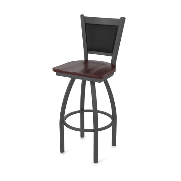 870 Hadleigh 30" Swivel Bar Stool with Pewter Finish and Dark Cherry Maple Seat and Black Vinyl Back