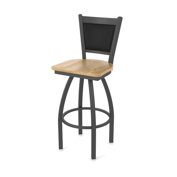 870 Hadleigh 30" Swivel Bar Stool with Pewter Finish and Natural Oak Seat and Black Vinyl Back