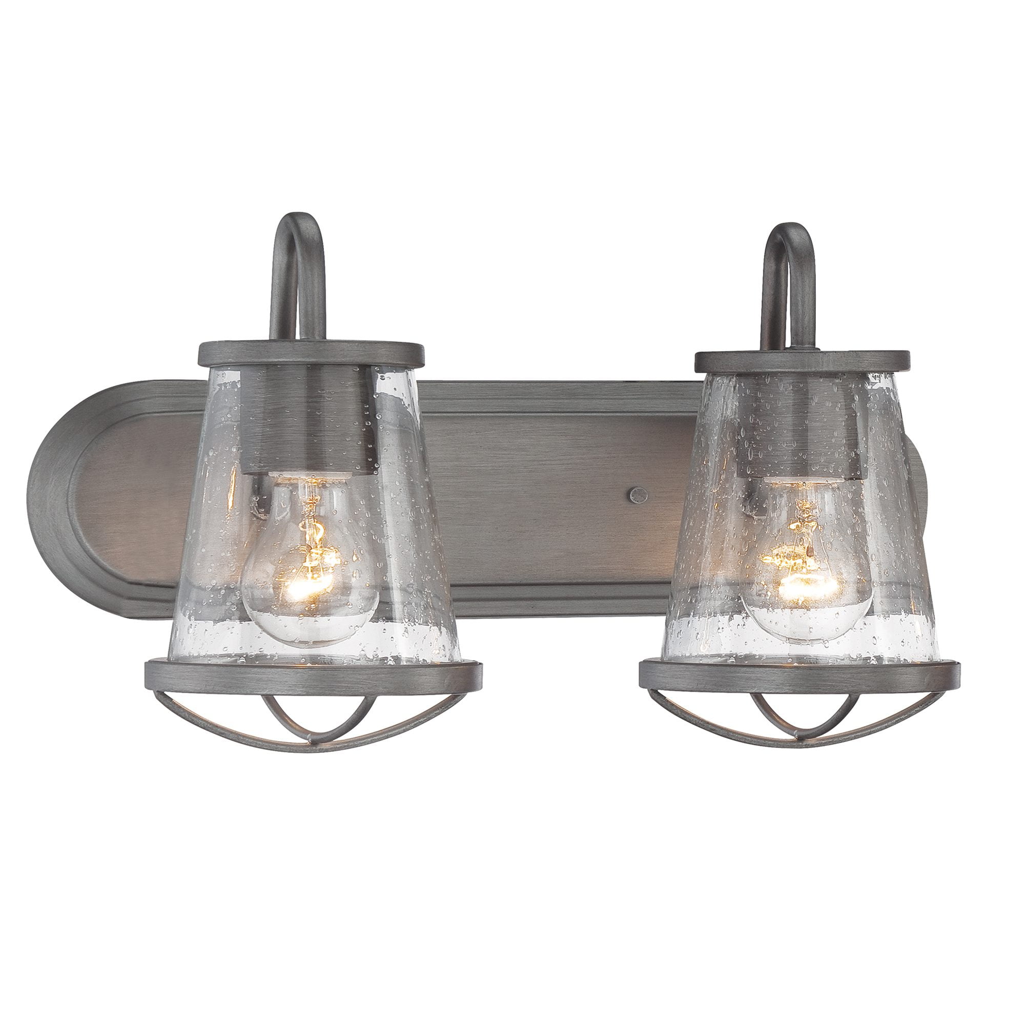 Darby 18 in. 2-Light Weathered Iron Industrial Vanity Light with Clear Seeded Glass Shades