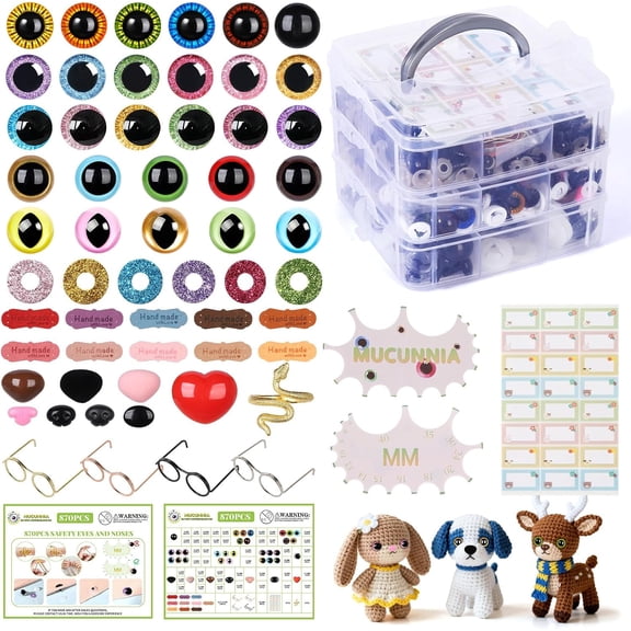 870PCS Safety Eyes for Crocheting with Washers 3D Safety Eyes and Noses Set Amigurumi Eyes for Crochet Animals Glitter Crochet Eyes for Stuffed Animals DIY Christmas Decorations Various Sizes