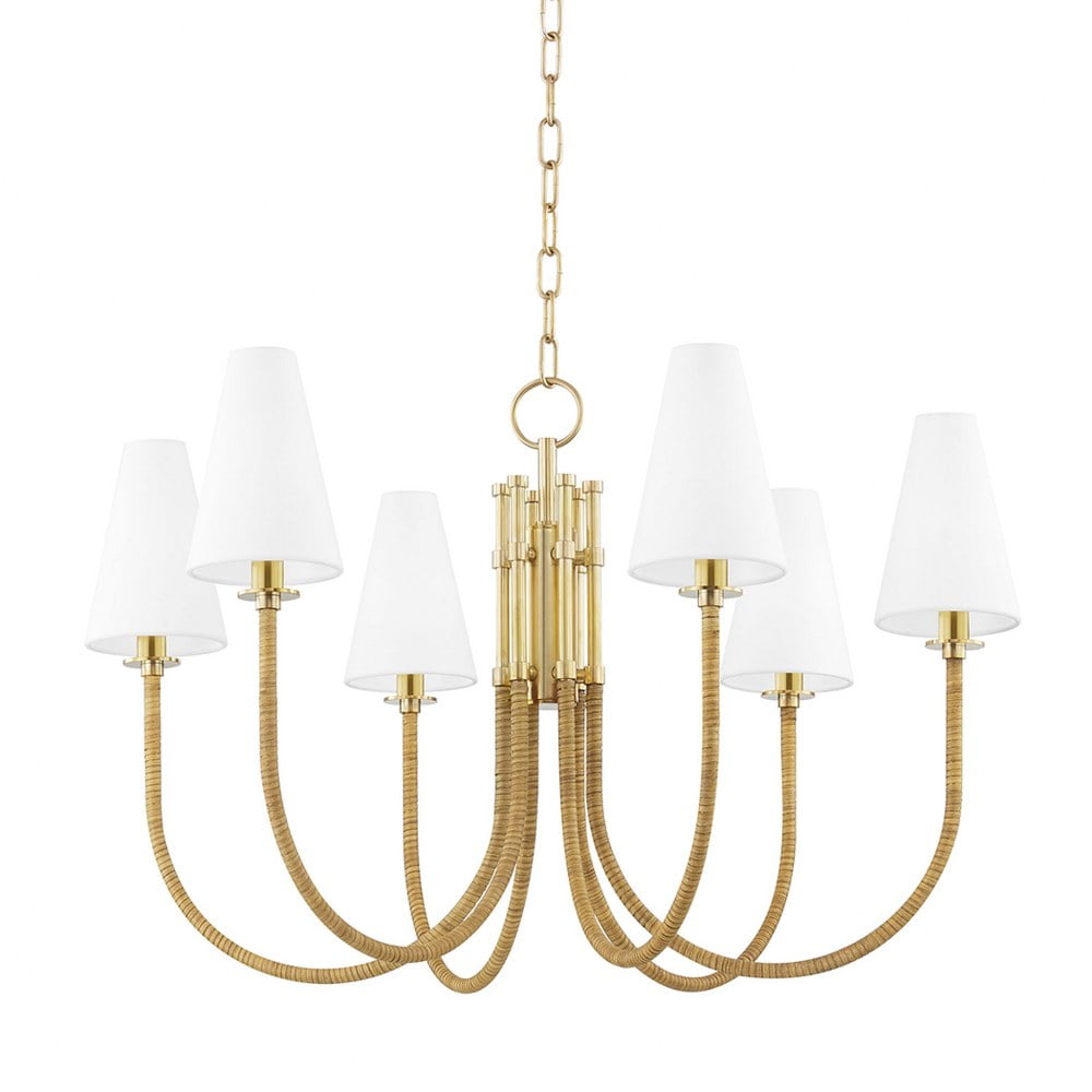 Ripley Aged Brass 6-Light Chandelier with White Belgian Linen Shades