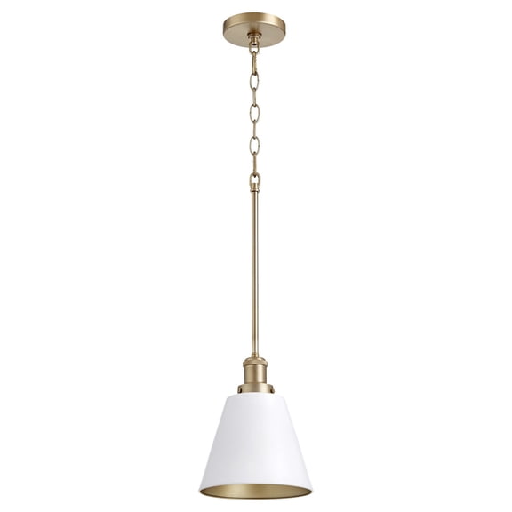 877-0880 Quorum Lighting 1 Light Cone Pendant in Transitional style - 8 inches wide by 9.75 inches high-Studio White/Aged Brass Finish -Traditional