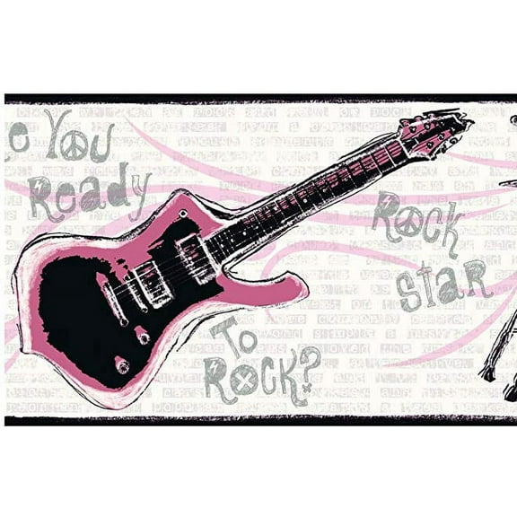 877634 Guitar Rock N Roll Black/Pink Wallpaper Border JE3639b