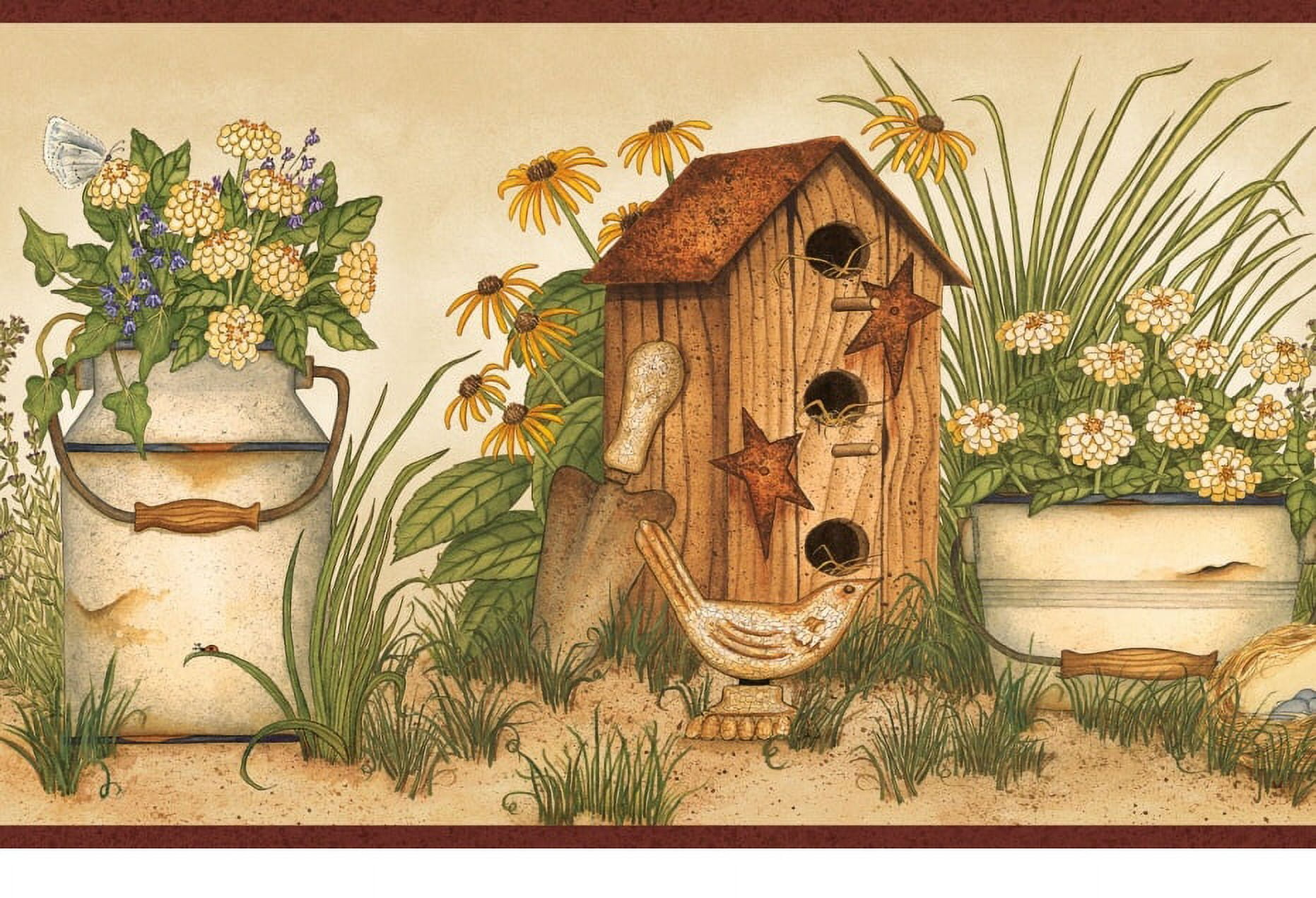 878402 Buckets of Blooms Birdhouses Wallpaper Border AAI08053b ...