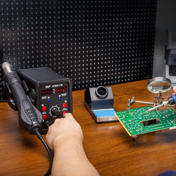8786D-I Hot Air Soldering Iron Station Kit 2-IN-1 for Rework, Desoldering with Lead-Free Solder Wire, 5 Soldering Tips, 3 Hot Air Nozzles, Tweezers, Desoldering Pump