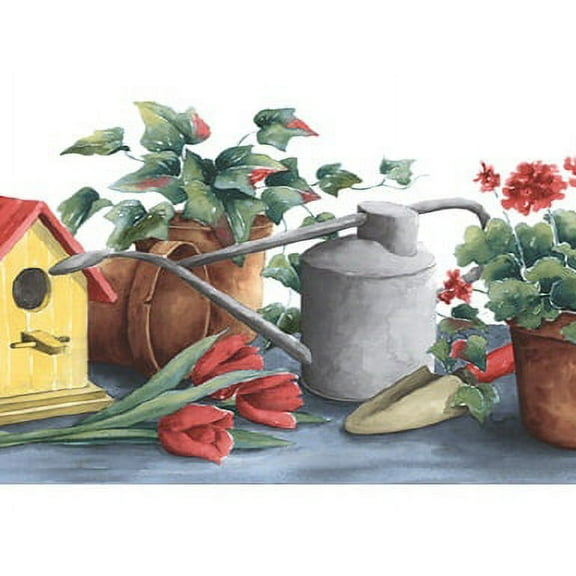 878728 Birdhouse Watering Can Geranium Wallpaper Border KK79370