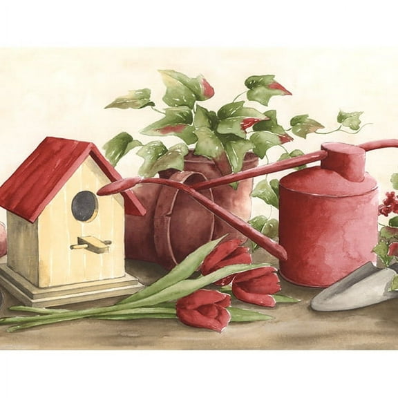 878729 Birdhouse Watering Can Geranium Wallpaper Border KK79370