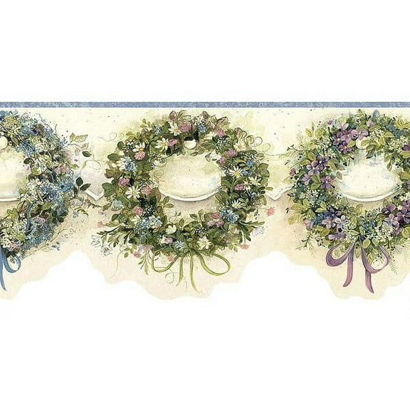 878755 Blue Calico Wreaths Wallpaper Border FAM65071b