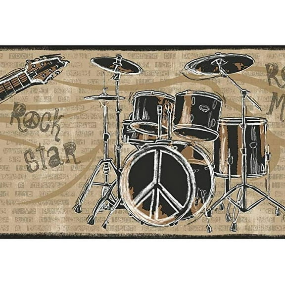 878868 Guitar Rock N Roll Black/Brown Wallpaper Border JE3639b