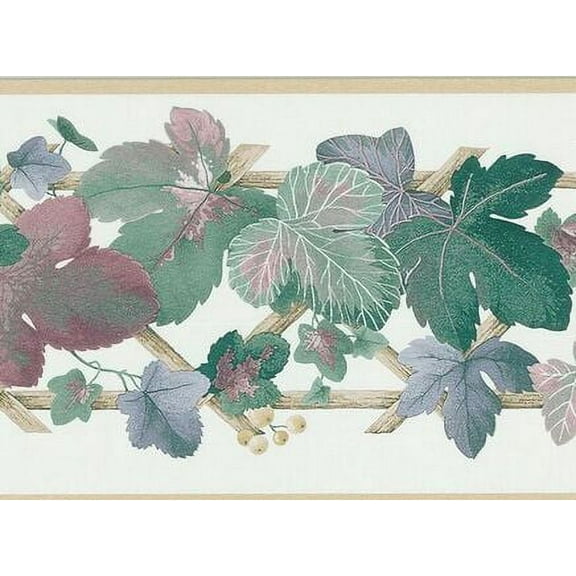 879216 Textured Bright Green & Blue Grape Leaves Wallpaper Border FDB06930