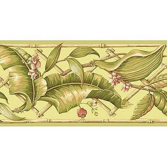 879245 Evening Tropics Lattice Leaves Wallpaper Border Green GE57112b