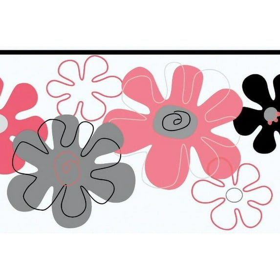 879263 Flower Power Pink, Black, Silver Wallpaper Border YK0147b