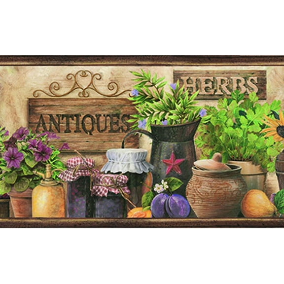 879536 Antiques and Herbs Shelf Wallpaper Border PUR44582b