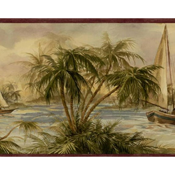 879596 Palm Trees Sailboats Wallpaper Border Burgundy HV6001b