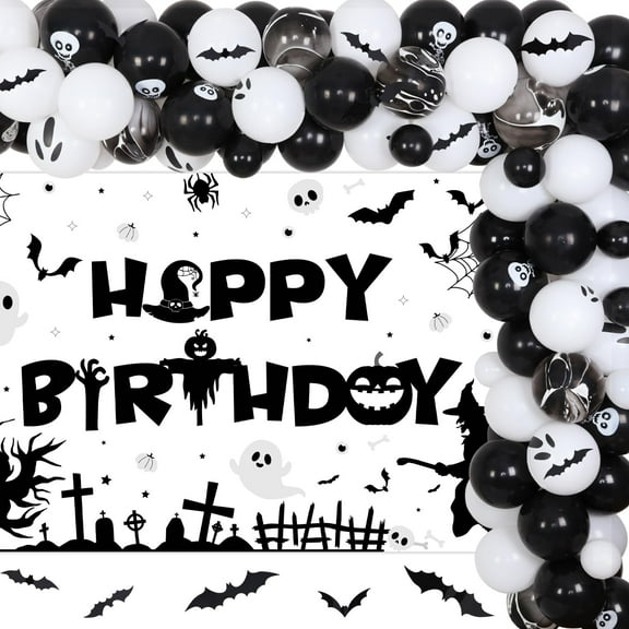 87Pcs Halloween Happy Birthday Party Decorations Black White Ghost Pumpkin Bat Backdrop Skull Balloon Garland Arch Kit 3D Bat Wall Stickers for Halloween 1st 2nd 3rd Birthday Party Decor Supplies