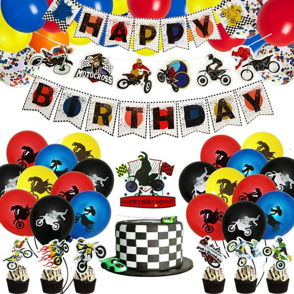 87Pcs Motocross Birthday Party Supplies Dirt Bike Decorations Banner Cupcake Toppers Latex Balloons Set for Dirt Bike Extreme Sports Racing Party Boy Birthday Favor for Kids Teens Fans of Motocross