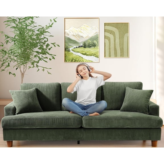 87in Corduroy Couch, Sofa No Tool Assembly, Comfy Couches for Living Room 21in Deeper Seats, Corduroy Sofas for Living Room with 2 Pillows, Oversized Loveseat Sofa, Boho Love Seat Green Couch