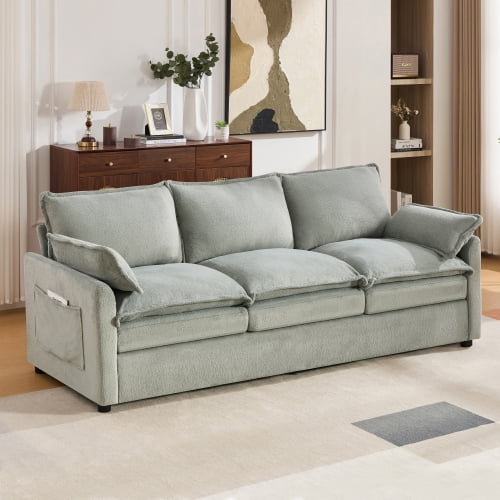 88.2" Modern 3-Seater Sofa, American Design Plush Faux Fur Couch with Double-Layer Cushion and Side Pockets for Living Room Bedroom, Green
