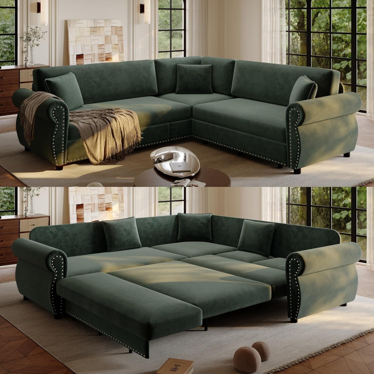 88.2'' Pull Out Couch, Convertible Sleeper Sofa Bed, Upholstered Sectional Sofa, Chenille L-Shaped Couch with Nailhead Trim, 4-Seater Modern Sectional Couches for Living Room, Bedroom,Green