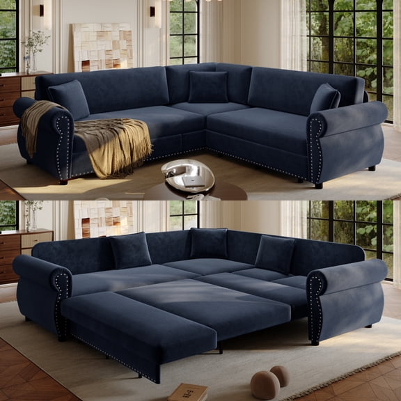 88.2'' Pull Out Couch, Convertible Sleeper Sofa Bed, Upholstered Sectional Sofa, Chenille L-Shaped Couch with Nailhead Trim, 4-Seater Modern Sectional Couches for Living Room, Apartment,Blue
