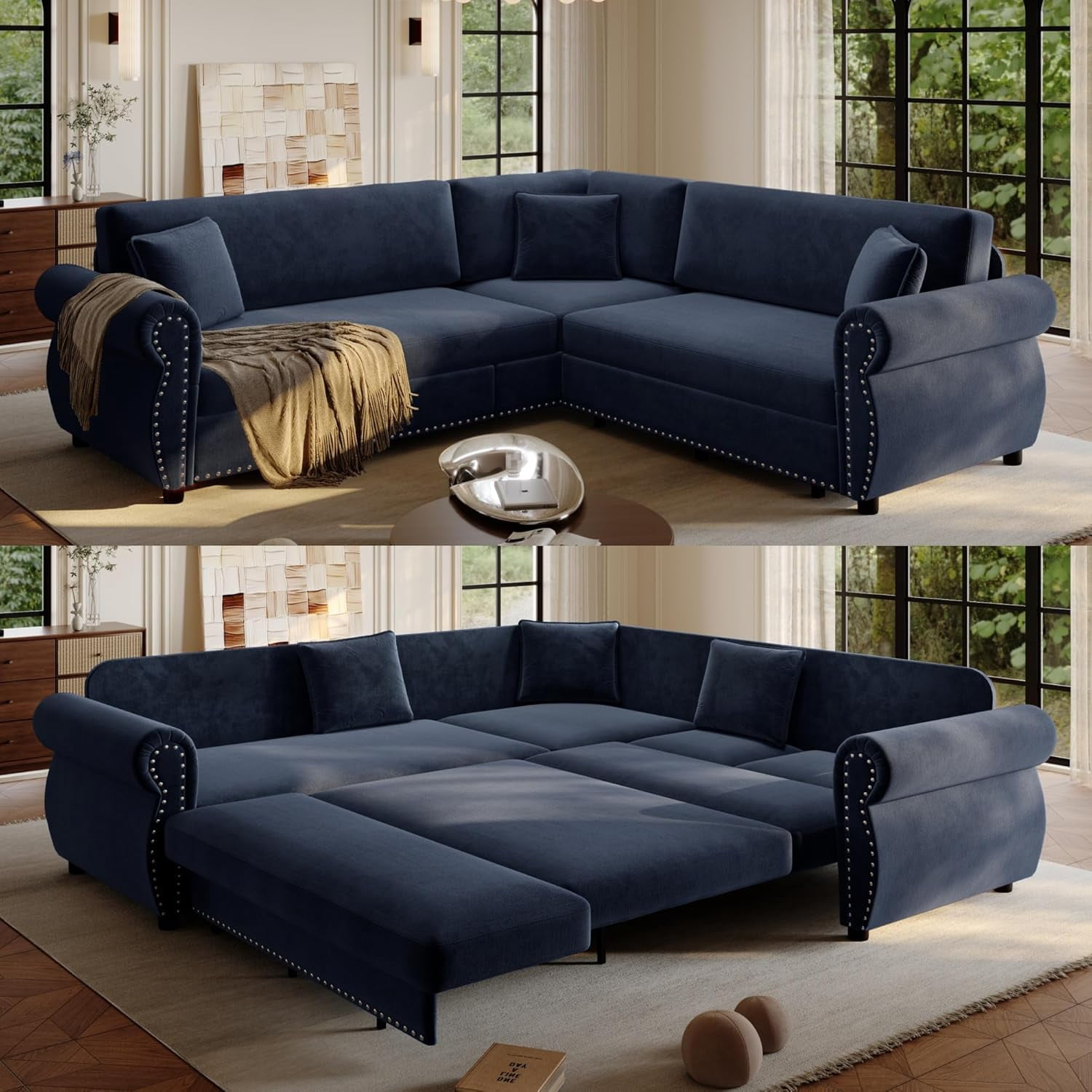 88.2'' Pull Out Couch, Convertible Sleeper Sofa Bed, Upholstered Sectional Sofa, Chenille L-Shaped Couch with Nailhead Trim, 4-Seater Modern Sectional Couches for Living Room, Apartment,Blue