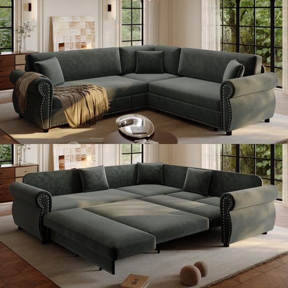 88.2'' Pull out Couch, Convertible Sleeper Sofa Bed, Upholstered Sectional Sofa, Chenille L-Shaped Couch with Nailhead Trim, Modern Sectional Couches for Living Room, Apartment, Dark Grey