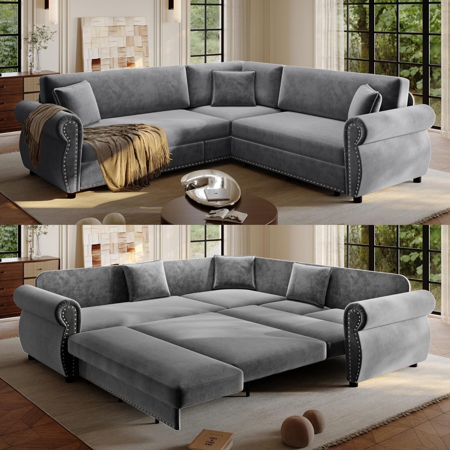 88.2'' Pull Out Couch, Convertible Sleeper Sofa Bed, Upholstered Sectional Sofa, Chenille L-Shaped Couch with Nailhead Trim, Modern Sectional Couches for Living Room, Apartment, Light Grey