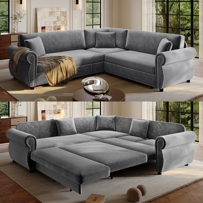 88.2" Sectional Sleeper Sofa with Pull Out Bed, Convertible Sleeper Couch with Nailhead Trim, 5-Seat Sectional Sofa Chenille Couch for Living Room Apartment