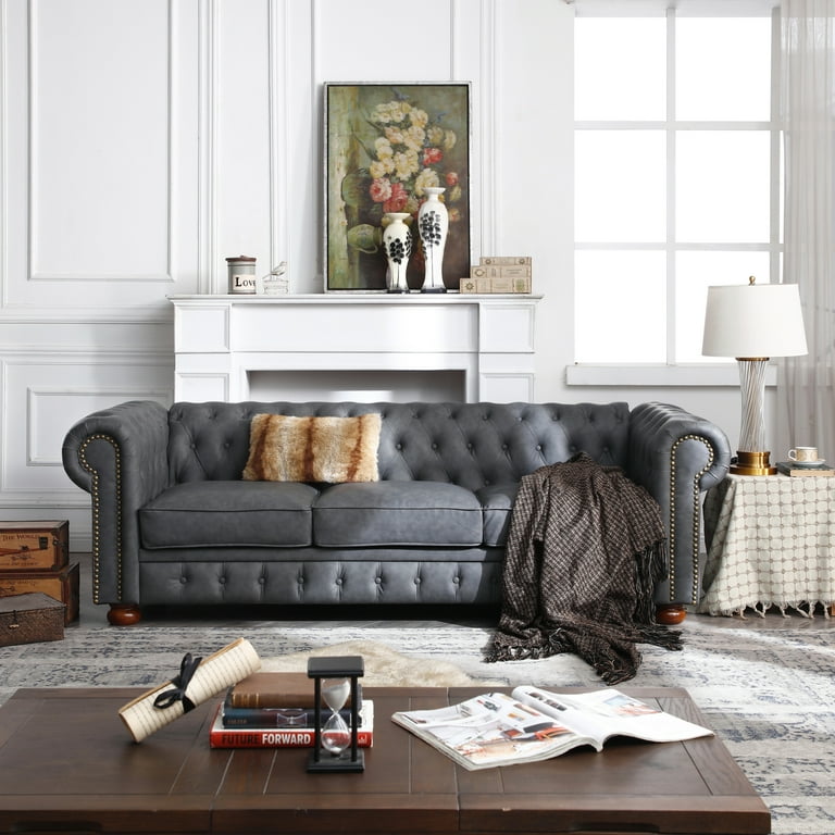 88.5 Chesterfield Sofa with Rolled Arms Classic Faux Leather Large Sofa Modern 3 Seater Button Tufted Couch Furniture with Nailhead Decor for