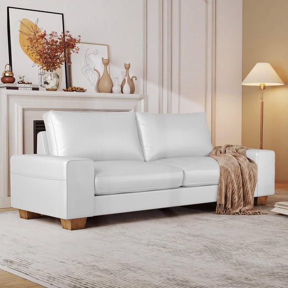 Poshby 88.58''W Faux Leather Sofa 3 Seater Couch with Side Pockets, Wide Arms for Living Room, White