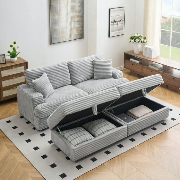 88.58" Corduroy Sofa,Extra Deep Seat Couch with Double Storage & Pillows,Comfy Upholstered Oversized Loveseat Sofa Couch for Living Room,Office,Gray