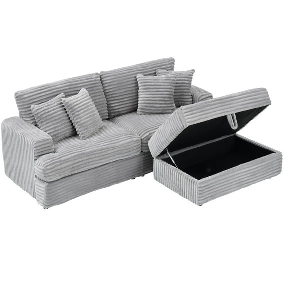88.58 Inch Black Corduroy Sofa, Single Storage Leg + Four Pillows, Soft As a Cloud, Stylish Lazy Sofa, Suitable for Living Room and Office (Grey)