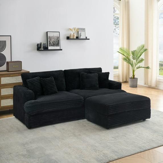 88.58 Inch Black Corduroy Sofa With Storage Leg And Four Pillows, Cloud-Like Comfort Lounge Chair For Living Room Or Office Use
