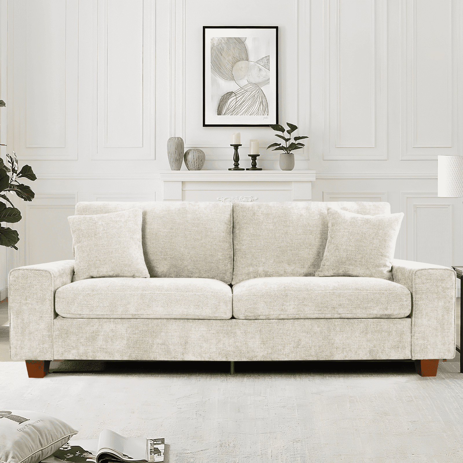 88.58" Modern Sofas Couches for Living Room with Removable Sofa Cushion and Detachable Sofa Cover, Solid Wood Frame ,Easy to Install (Beige)