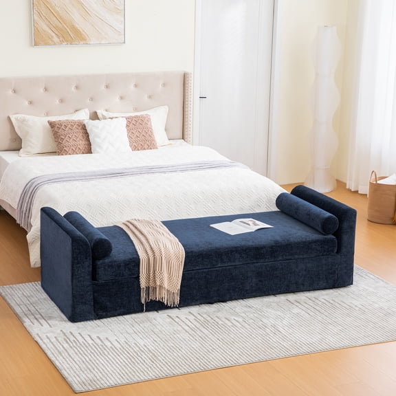 88.58" Wide Modern Bench, Bed End Bench with Armrests,Chenille Chaise Lounge Couch with 2 Bolster Pillows, Suitable For Living Rooms, Entryways, Dormitories, And Bedrooms.Navy