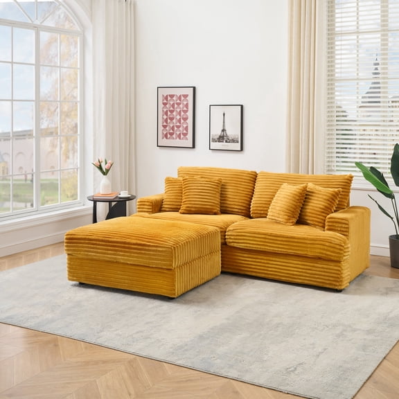 88.58 inch Orange corduroy sofa, single storage leg + four pillows, soft as a cloud, stylish lazy sofa, suitable for living room and office