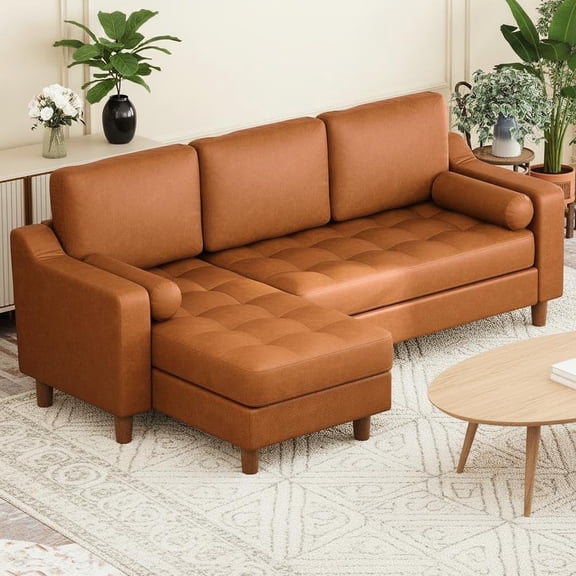 88.9" L-Shape Sofa with Convertible Chaise, Sectional Leather Sofa with Deep Seat, Mid-Century Modern Sofa for Living Room, 3 Seat Leather Couch, Cognac Tan