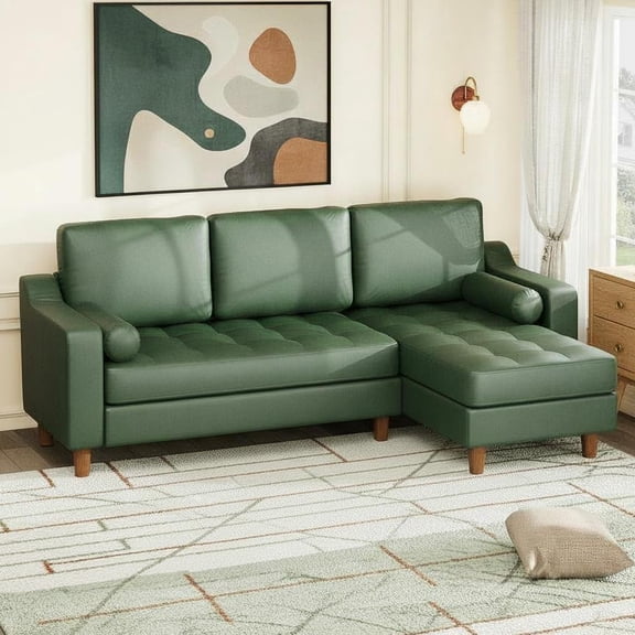 88.9" L-Shape Sofa&Couch with Convertible Chaise, Sectional Sofa with Deep Seat, Modern Mid-Century Sofa for Living Room, 3 Seat Comfy Leather Couch, Green