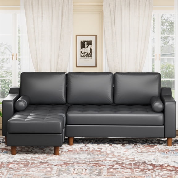 88.9" L-Shape Sofa with Convertible Chaise, Sectional Leather Sofa with Deep Seat, Mid-Century Modern Sofa for Living Room, 3 Seat Leather Couch