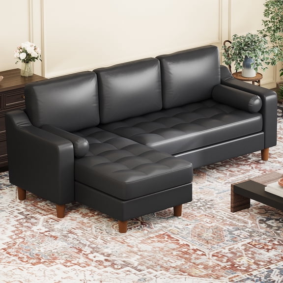 88.9" L-Shape Sofa with Convertible Chaise, Sectional Leather Sofa with Deep Seat, Mid-Century Modern Sofa for Living Room, 3 Seat Leather Couch