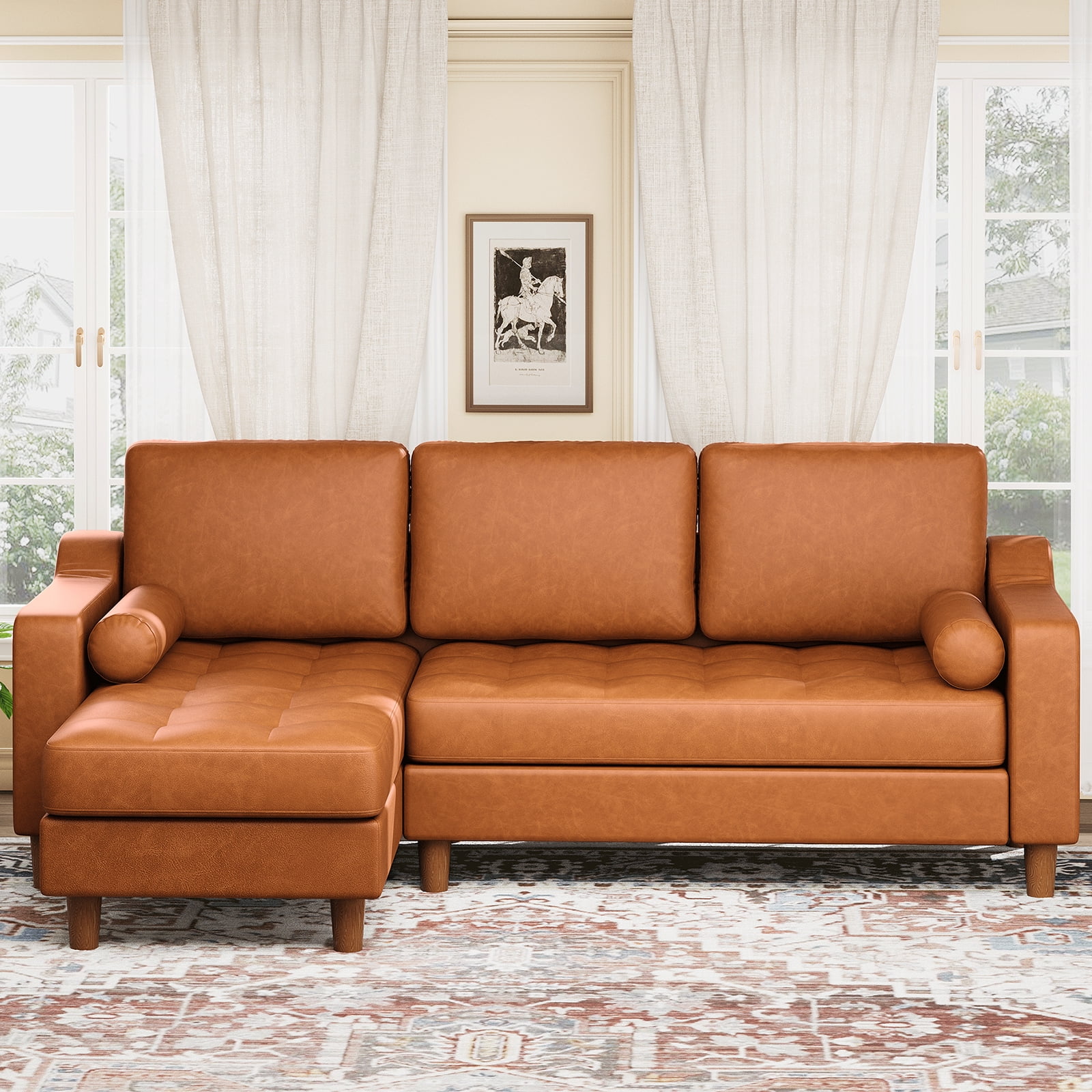 88.9" L-Shape Sofa with Convertible Chaise, Sectional Leather Sofa with