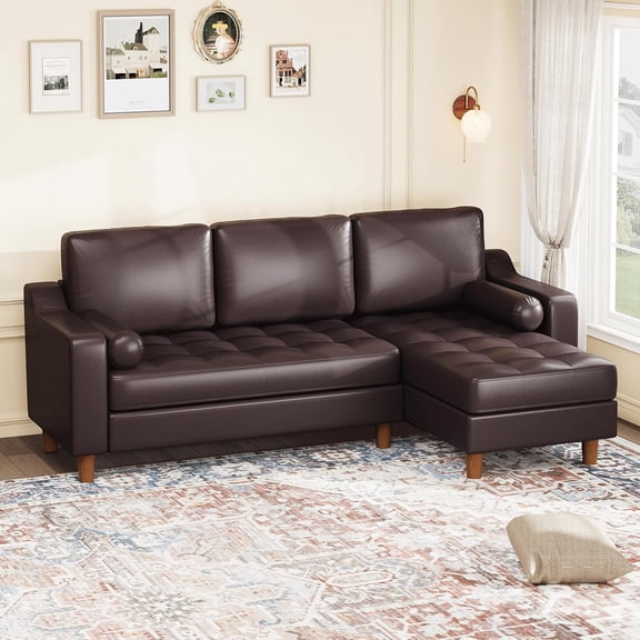 88.9" L-Shaped Sectional Sofa with Convertible Chaise, Modern 3-Seat Faux Leather Couch, Deep Seating, Reversible Chaise, Easy Clean, for Living Room, Apartment, Lounge,Beige