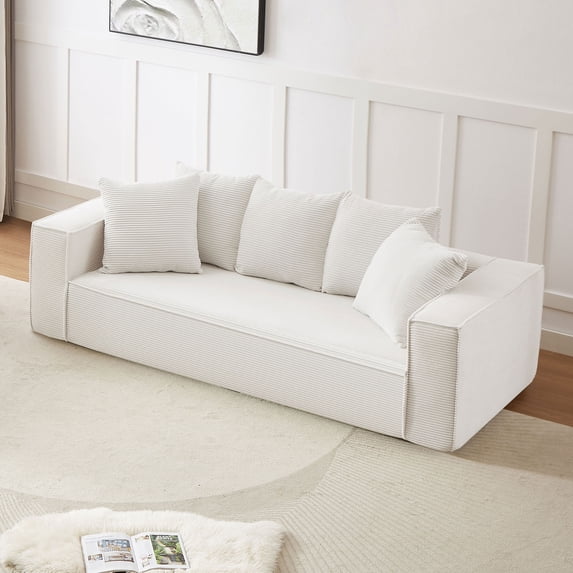 88.97" Corduroy Sectional Sofa Couch, Modern Upholstered Sponge Floor Sofa with 5 Pillows, 3 Seater Sofa Furniture for Living Room, Bedroom, Apartment and Office